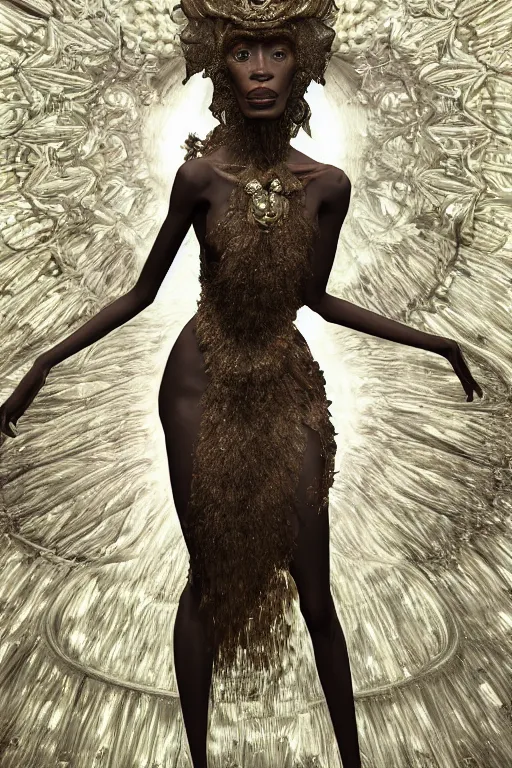 Image similar to a highly detailed medium shot 8 k render portrait of an alien goddess winnie harlow in iris van herpen dress schiaparelli in diamonds and jewelry in style of alphonse mucha trending on artstation made in unreal engine 4