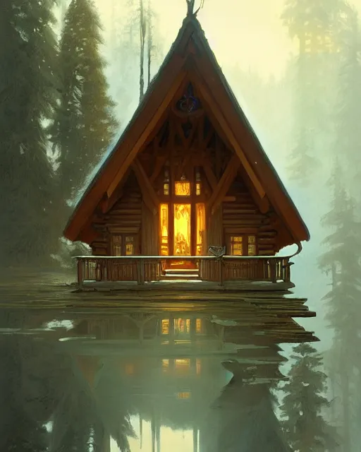 Image similar to symmetry!! a small cabin with a giant above it look hungry, dnd, intricate, elegant, highly detailed, digital painting, artstation, concept art, smooth, sharp focus, illustration, art by artgerm and greg rutkowski and alphonse mucha