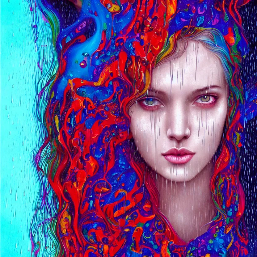 Image similar to bright asthetic portrait of LSD in rain with wet hair and face, liquid, fantasy, intricate, elegant, dramatic lighting, highly detailed, lifelike, photorealistic, digital painting, artstation, illustration, concept art, smooth, sharp focus, art by John Collier and Albert Aublet and Krenz Cushart and Artem Demura and Alphonse Mucha