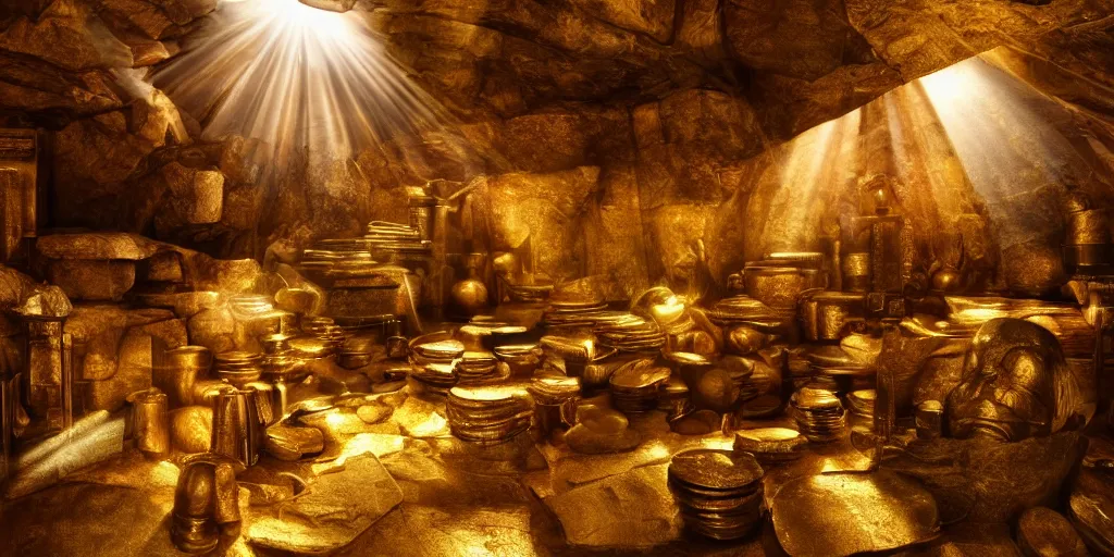 Image similar to gods basement filled with treasures and gold coins, divine, shinig rays of light, 8 k photography, cinematic light, award winning