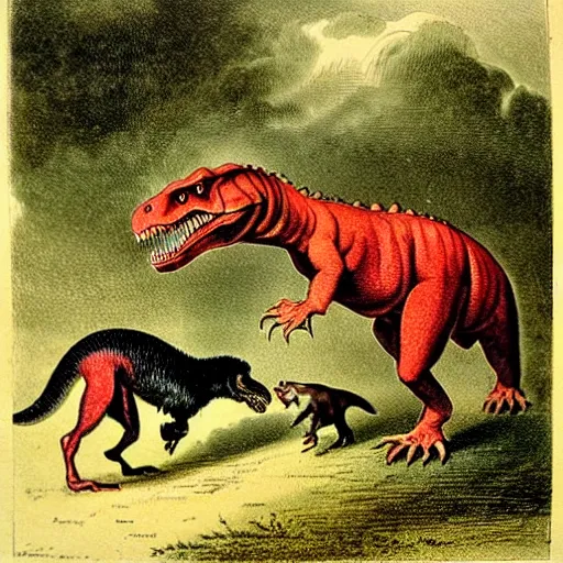 Image similar to antique lithograph from 1 8 0 0 of tyrannosaurus rex feeding his pet dog, running in a field