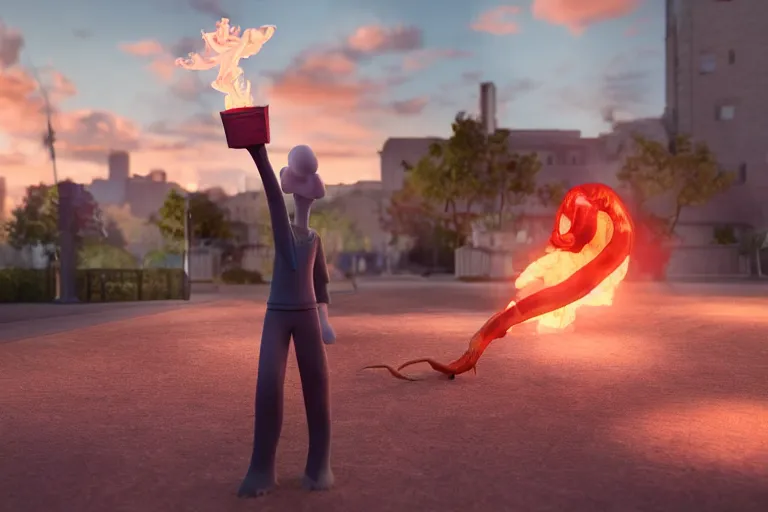 Image similar to squidward firebending outside at susnset, 3 d render