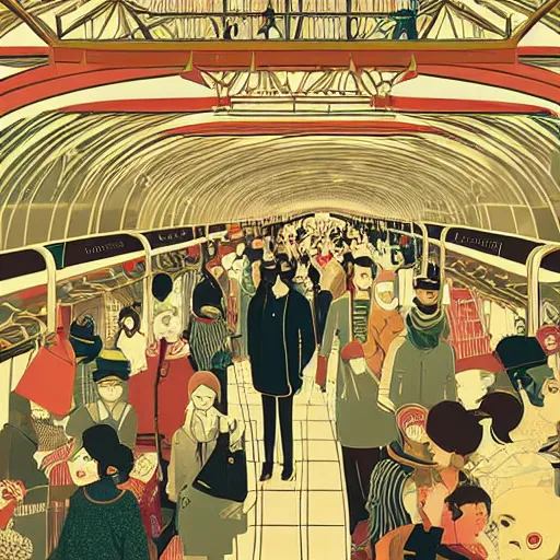 Image similar to parisian subway life, illustration by victo ngai, studio muti, malika favre