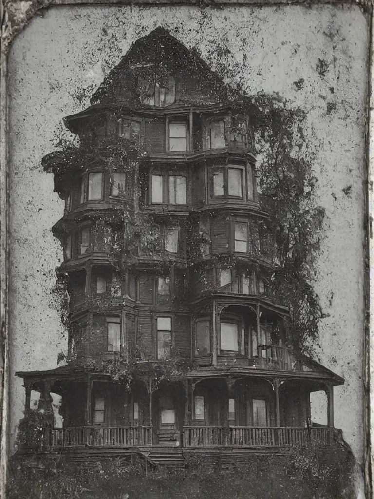 Image similar to tintype photograph. beautiful exterior view of an old victorian house. a creepy man's face is in the window