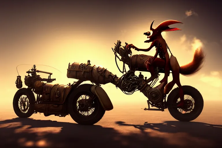 Prompt: a goblin riding a steampunk motorcycle, sunlit daytime, volumetric light, hyperdetailed, artstation, cgsociety, 8k