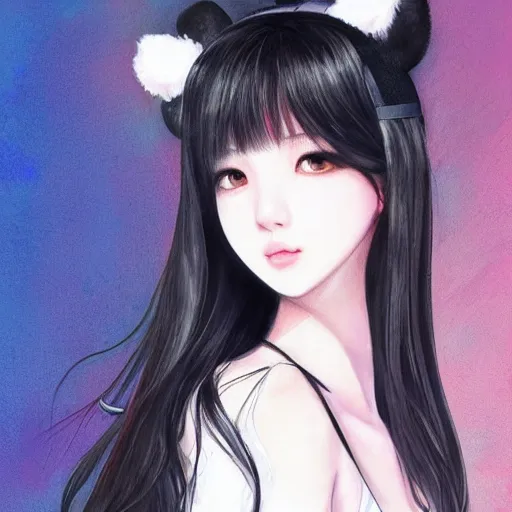 Image similar to realistic beautiful gorgeous natural cute Blackpink Lalisa Manoban black hair cute fur black cat ears, wearing white camisole, headphones, black leather choker artwork drawn full HD 4K highest quality in artstyle by professional artists WLOP, Taejune Kim, Guweiz on Artstation Pixiv