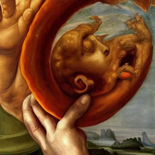 Prompt: God's disembodied hand is carrying flan behind all of us, painting by Michaelangelo, detailed, 4k