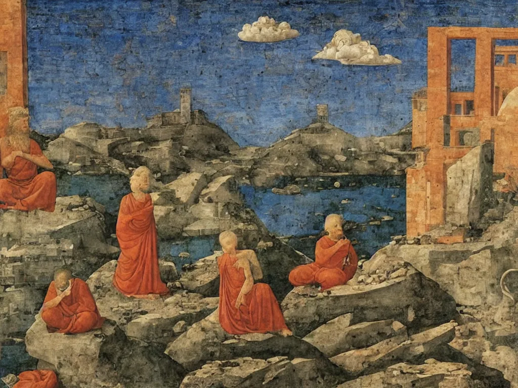 Image similar to renaissance town in flames. Monk on top of a rock, meditating. Melancholy, storm. Painting by Piero della Francesca, Fra Fillip Lippi