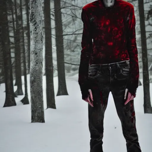 Image similar to blood soaked skinwalker, lanky, skinny, pale skin, snow, forest, dark, horrifying