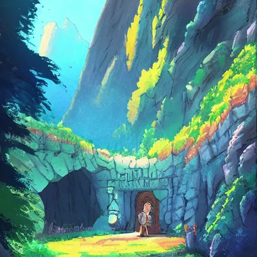 Image similar to beautiful painting of Entrance to a dungeon at the base of an ancient mountain in the morning light, in the style of Studio Ghibli, by Hayao Miyazaki