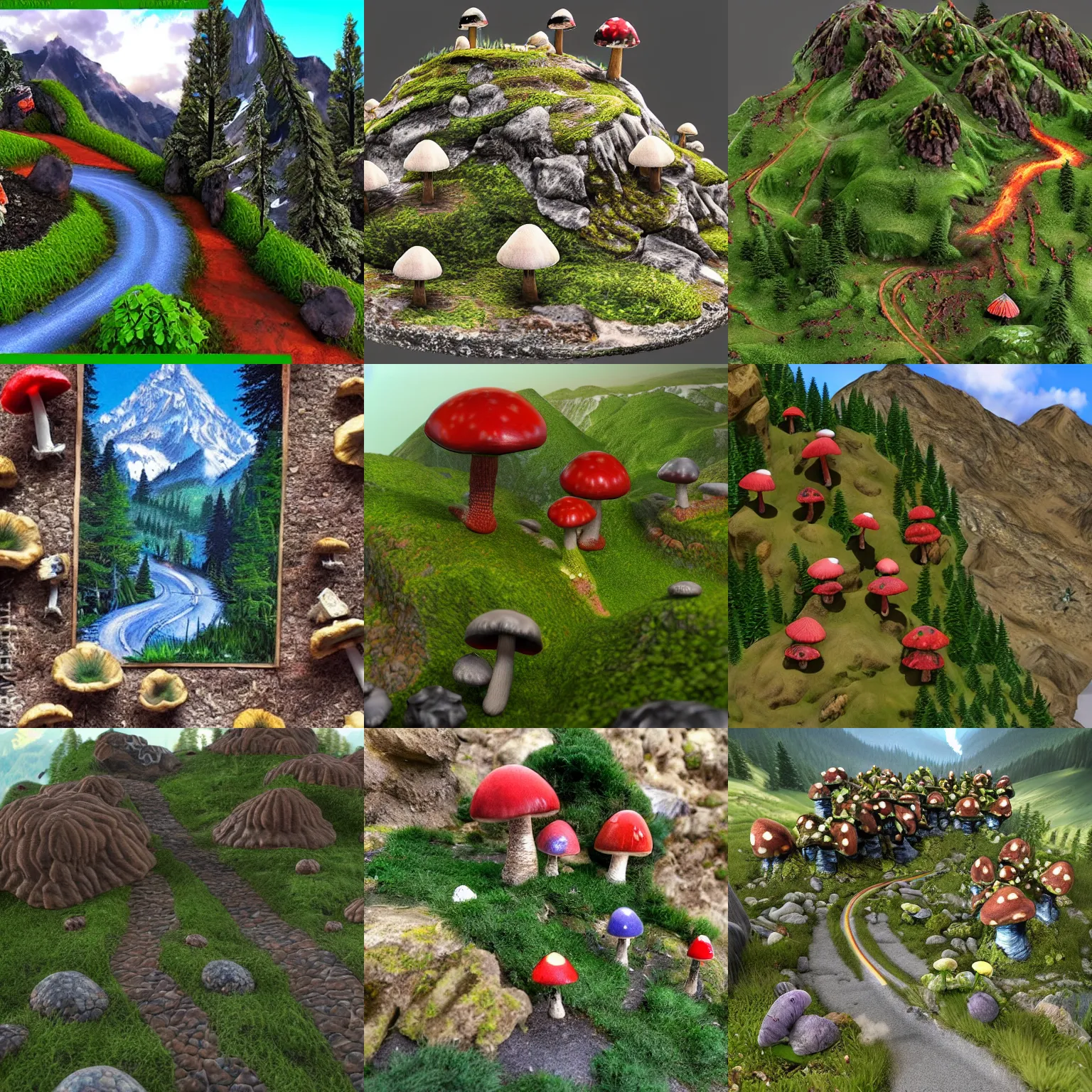 Prompt: mountain - pass with moshrooms, ultra realistic