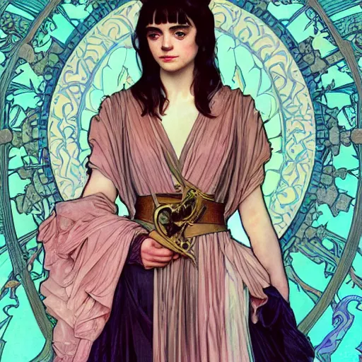 Prompt: a combination of Maisie Williams, Krysten Ritter, Anne Hathaway and Natalia Dwyer Christina Ricci and Lily Collins by Alphonse Mucha, Magali Villeneuve and Livia Prima, trending on artstation, long hair, dark eyes