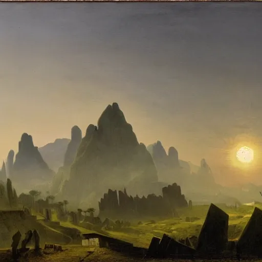 Prompt: village in the sky, sharp pointy mountains piercing through the clouds, wooden platforms, tents, colors, misty clouds, sun at dawn, brutalism, painting by caspar david friedrich