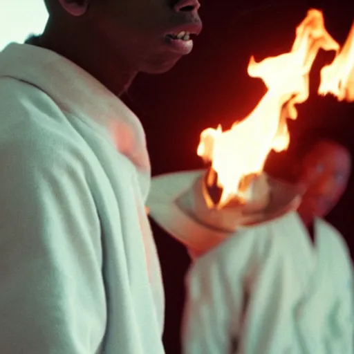 Image similar to cinematic film still of rapper Tyler The Creator starring as a Japanese Sensei with fire, Japanese CGI, VFX, 2003, 40mm lens, shallow depth of field, film photography