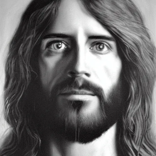 Image similar to A photograph portrait of Jesus Christ, taken in the early 1970s, grainy, taken on a 1970s Polaroid Camera, realistic, hyperrealistic, very realistic, highly detailed, very detailed, extremely detailed, detailed, digital art, trending on artstation, B&W