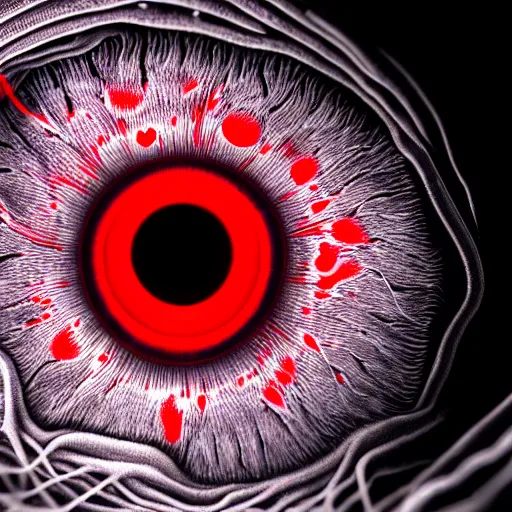 Image similar to a detailed extremely close up of inside the iris, cornea, red image, microscopic, extremely close up drawing by junji ito, cgsociety, generative art, lovecraftian, parallax, cosmic horror, extremely detailed, hyperrealism, unreal engine, octane render, award winning, masterpiece, highly detailed, realistic, 4 k, digital