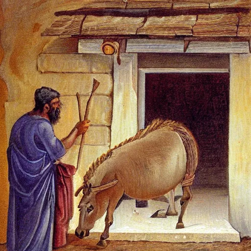 Image similar to man in ancient caananite costume painting a donkey on the doorpost of an ancient home