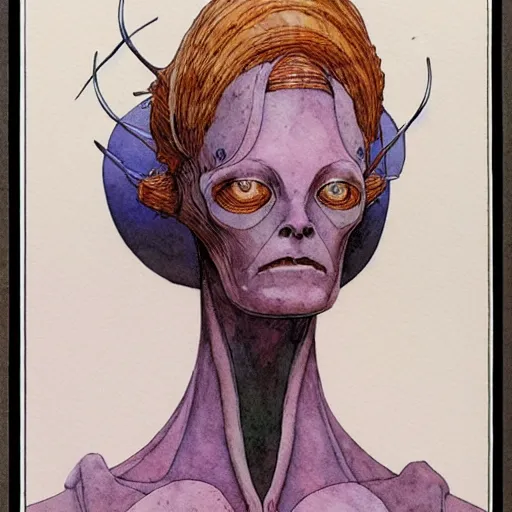 Image similar to a simple and atmospheric watercolour portrait of a pulp sci - fi alien hivr queen, very muted colors, by rebecca guay, michael kaluta, charles vess and jean moebius giraud