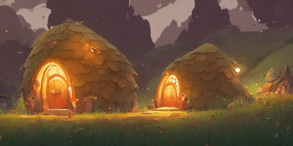 Image similar to small hobbit mushroom houses, red ruff, by cory loftis & akihiko yoshida & james gilleard & atey ghailan & makoto shinkai & goro fujita & studio ghibli, rim light, exquisite lighting, clear focus, magic atmosphere, lights, night, very coherent, plain background, soft painting, photorealistic, unreal engine 5, 4 k