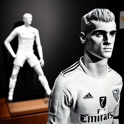 Image similar to “ a realistic detailed photo of a guy who is an attractive humanoid who is half robot and half humanoid, who is a male android, soccer player antoine griezmann, shiny skin, posing like a statue, blank stare, at the museum, on display ”