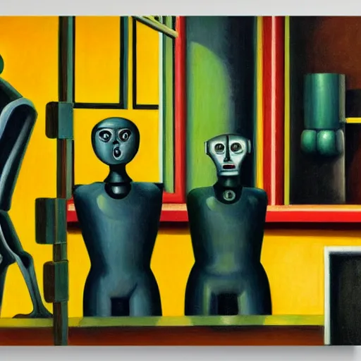 Image similar to robot visages, pj crook, edward hopper, oil on canvas