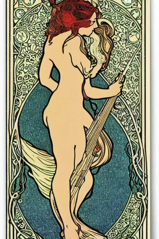 Image similar to illustration of a mermaid playing an electric guitar, Art Nouveau by Mucha