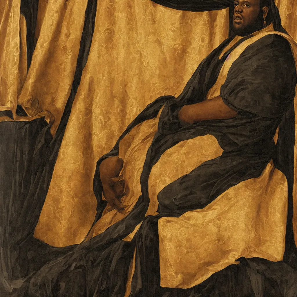 Image similar to Large black man sitting on throne wrapped in silk, background made of large folding curtains, dimly lit, dark, renaissance painting, style of carrivagio