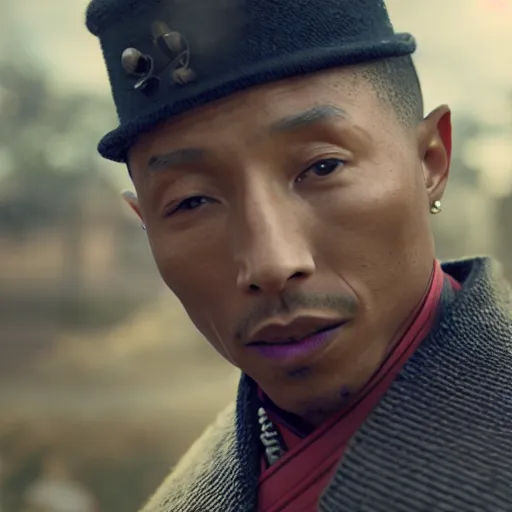 Image similar to cinematic film still Pharrell Williams starring as a Samurai holding fire, Japanese CGI, VFX, 2022, 40mm lens, shallow depth of field,film photography