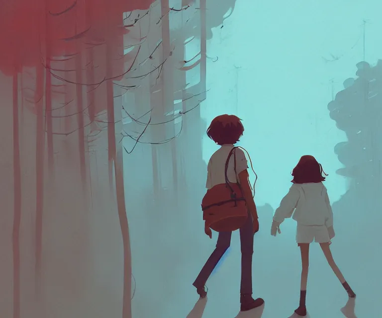 Image similar to stranger things, naturel, art style by atey ghailan, greg rutkowski, greg tocchini, james gilleard, joe gb fenton, in kaethe butcher, dynamic lighting, gradient light blue, brown, blonde cream and white color in scheme, grunge aesthetic