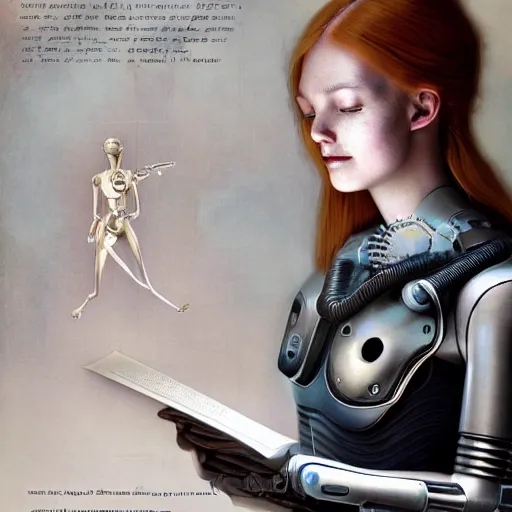 Prompt: a beautiful intricate fine art portrait photo of a happy mechanical futuristic cybernetic female cyborg reading a letter of admission held in her hands, by tom bagshaw and zach sutton, eyes light up, happiness!, perfection!, studio lighting, golden ratio composition, 50mm lens, bionic, cybernetic scifi, deep depth of field, artstation, 8K