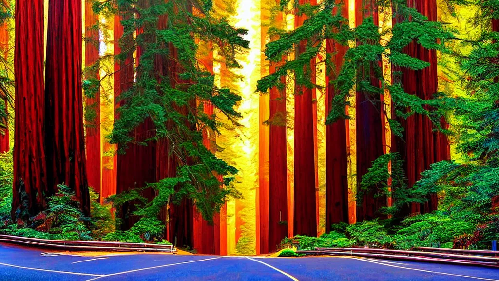 Image similar to Market Street lined with Redwood Trees by bruce mccall; City in Harmony with Nature; Location: San Francisco, California; Redwoods by Neil Burnell