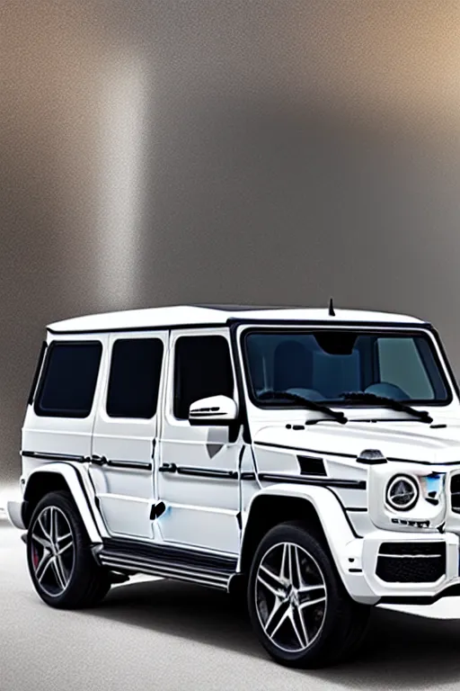 Prompt: Photo of a white 2019 Mercedes-Benz G63, daylight, front view, studio lighting, high resolution.