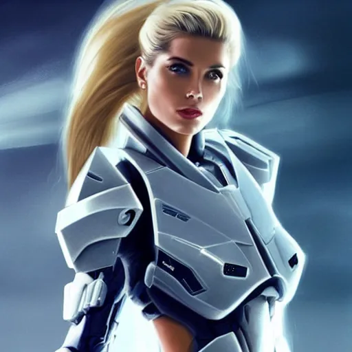 Prompt: A combination of Ashley Greene's and Adriana Dxim's and Grace Kelly's appearances with blonde hair wearing Forerunner armor from Halo, high tech, action shot, angular, full body portrait, futuristic, dramatic, fantasy, intricate, elegant, highly detailed, artstation, matte, sharp focus, 8K, art by Artgerm and Greg Rutkowski and Alphonse Mucha