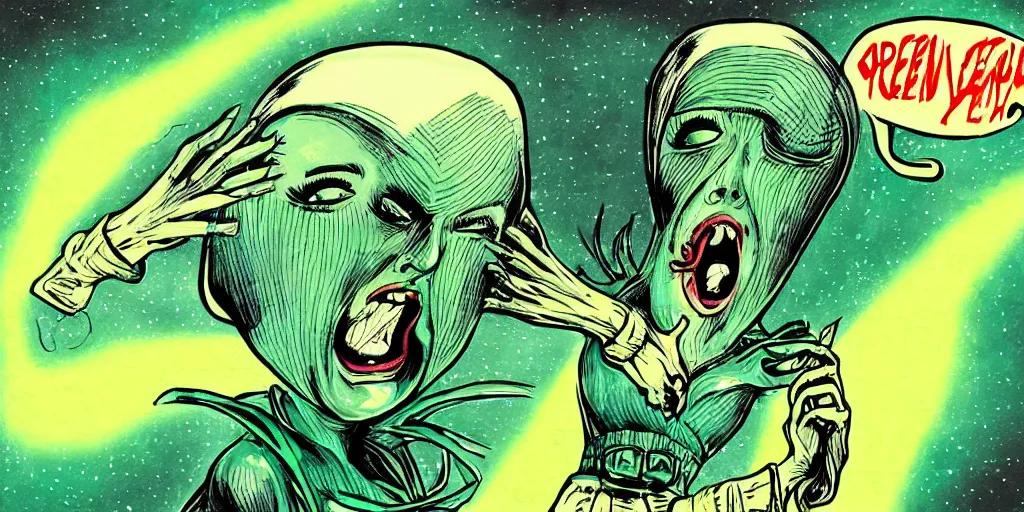 Image similar to apocalyptic ufo woman is screaming and crying after alien invasion on planet earth style in the year seventies, illustration, green color scheme