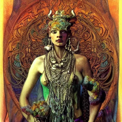 Prompt: baroque portrait of an art deco shaman, reflective detailed textures, highly detailed fantasy science fiction painting by annie swynnerton and jean delville and moebius, norman rockwell and frank frazetta. rich colors, high contrast. artstation