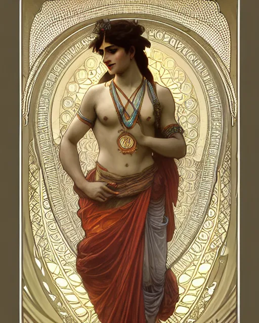 Image similar to amazing lifelike award winning pencil illustration of Krishna in style of Alphonse Mucha, trending on artstation, artgerm, Greg rutkowski, alphonse mucha, William-Adolphe Bouguereau, cinematic, epic Lighting, photorealistic, Octane render, Unreal Engine, Art nouveau