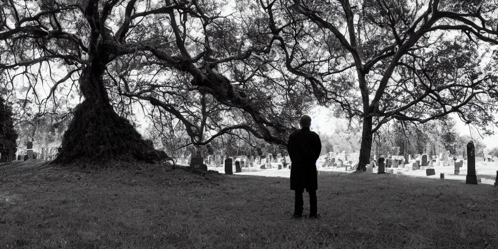 Image similar to Photo of a man in black near a tree in the cemetery looking into the distance