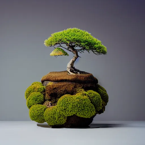 Image similar to A picture of a planet of various flowers, fungus and plants, Bonsai , in which the human figure is dressed in something magical and impressive, inside the picture is infinity, muted light, BotanicalAtmospheric phenomenon, artistic photography, muted colors, conceptual, Kodachrome