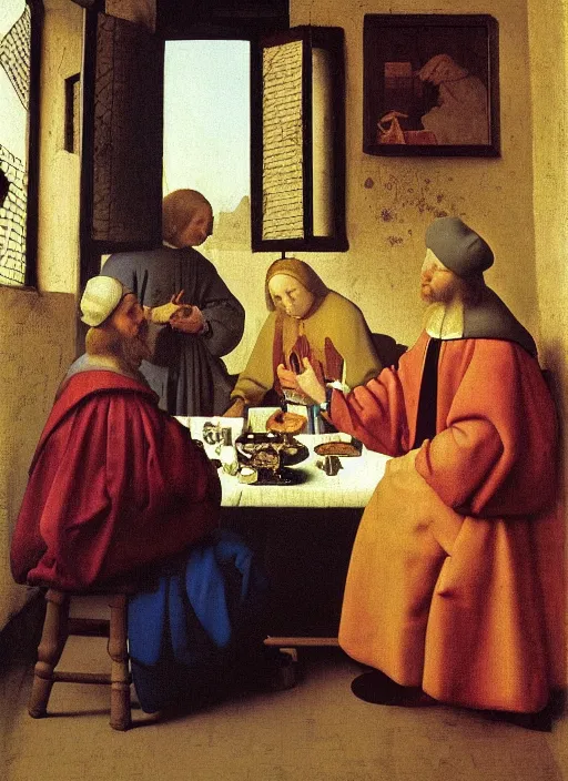 Image similar to Young man sitting at the table with young pretty blonde girl at the crowded inn. Medieval painting by Jan van Eyck, Johannes Vermeer, Florence