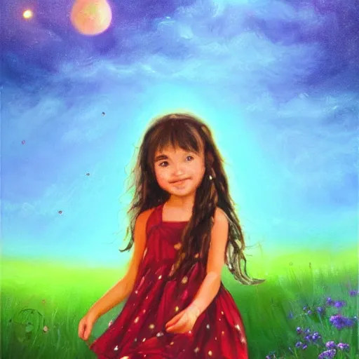 Image similar to A little girl with wavy brown hair with a happy expression wearing a summer dress dancing with fireflies, she is in the distance. beautiful fantasy oil painting, trending on artstation.