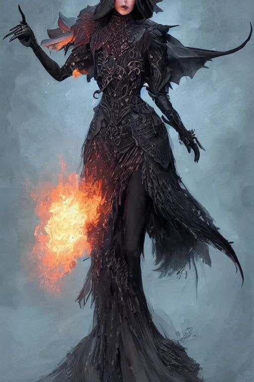 Prompt: fantasy full body shot, witch with 4 eyes, black hair, crow helmet, floral dress, intricate detail, photorealistic, elegant, stylish, highly detailed, digital painting, artstation, concept art, smooth, sharp focus, illustration, art by artgerm and greg rutkowski and terese nielsen, fire scheme