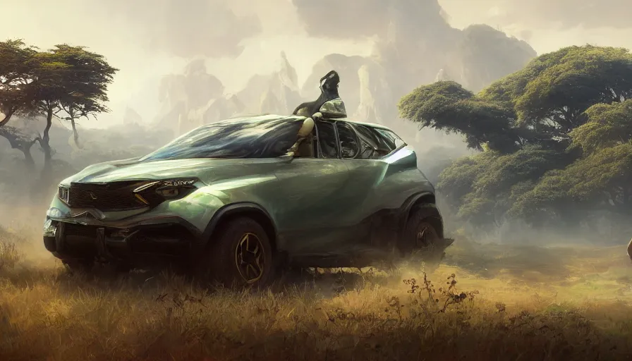 Image similar to a concept suv designed by dolorean driving through african savanna, artgerm and greg rutkowski and alphonse mucha, an epic fantasy, volumetric light, detailed, establishing shot, an epic fantasy, trending on art station, octane render, midsommar