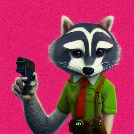 Image similar to “ racoon in the style of zootopia holding laser gun, floating alone, with a black background, digital art, award winning, trending on art station, retro style ”