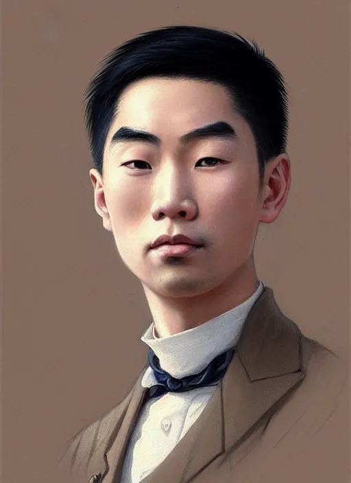 Image similar to a portrait of a young asian man with a crooked nose in victorian clothing, confident pose, intricate, elegant, sharp focus, illustration, highly detailed, concept art, matte, trending on artstation, anime, art by james jean and artgerm and brian despain and alberto mielgo, greg rutkowski, wlop, ilya kuvshinov, strong strokes