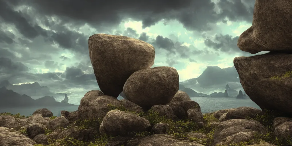 Image similar to Photorealistic epic landscape with magically floating rocks, with ominous storm clouds, strange levitating stones, stones falling from the sky, a gentle rising mist. photorealism, UHD, amazing depth, glowing, golden ratio, 3D octane cycle unreal engine 5, volumetric lighting, cinematic lighting, cgstation artstation concept art