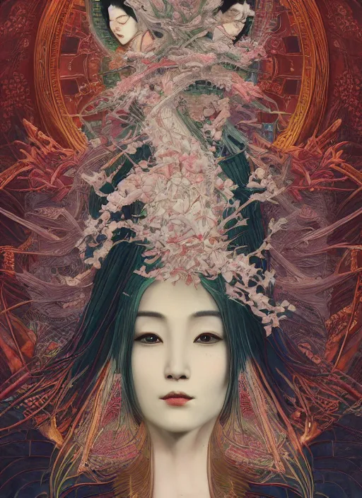 Image similar to portrait full three kingdom breathtaking detailed concept art painting art deco pattern of birds goddesses amalmation flowers head thibetan temple, by hsiao ron cheng, tetsuya ichida, bizarre compositions, tsutomu nihei, exquisite detail, extremely moody lighting, 8 k, art nouveau, old chines painting, art nouveau