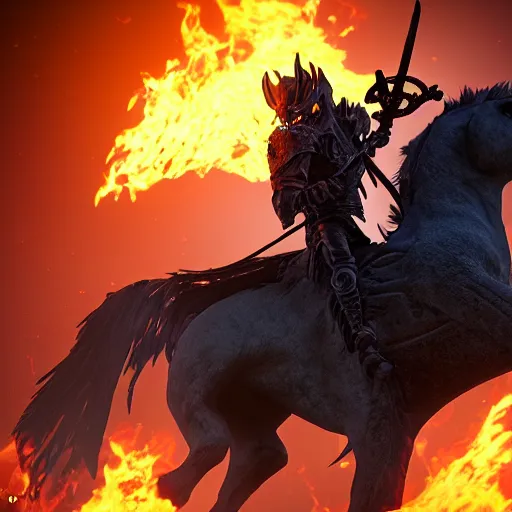 Prompt: The Death Knight demon riding a horse on fire. Graveyard. Night. Full Moon. Cinema 4D. Octane engine. Octane Render. Realistic. cinematic, high quality, insane detail