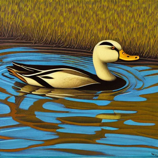 Prompt: a duck on the prowl oil painting neil welliver