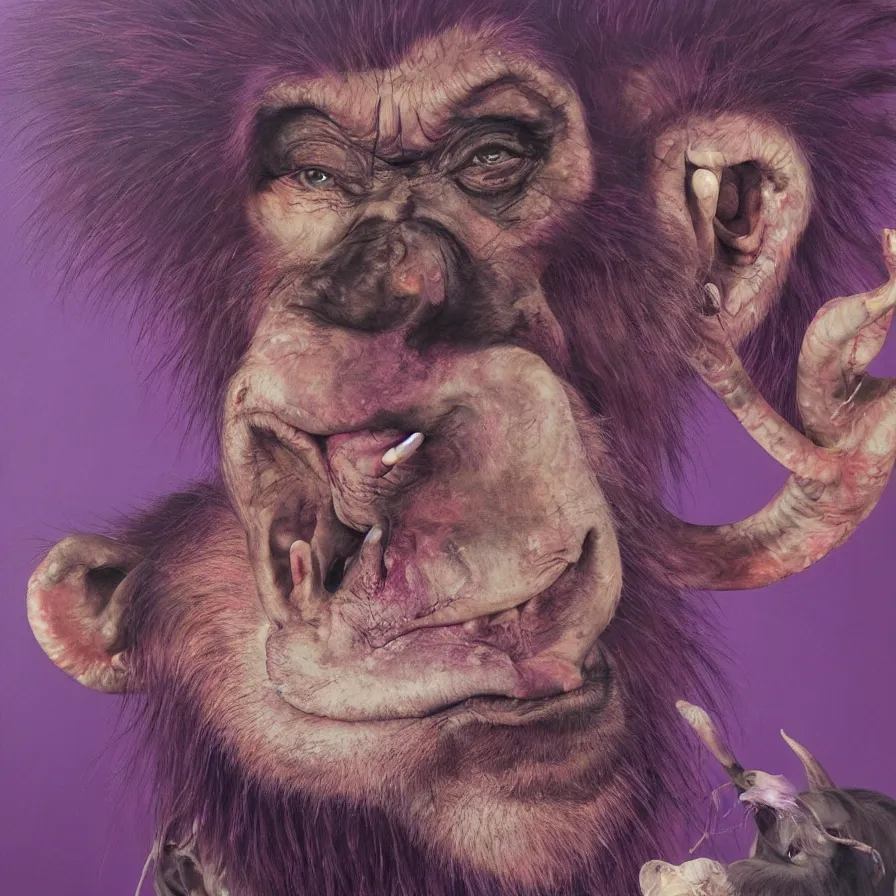 Image similar to hyper realistic painting by chuck close, studio lighting, brightly lit purple room, an ape with antlers laughing at a giant crying rabbit clown