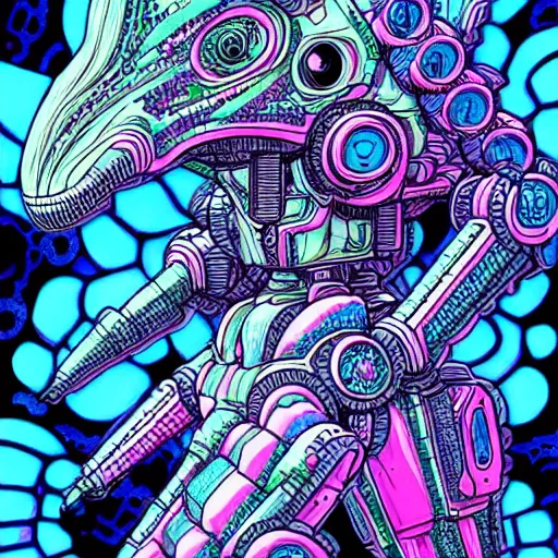 Image similar to beautiful detailed comic illustration, psychedelic fractals and robot mecha dinosaurs, cyberpunk, white, pink, blue, turquoise, orange, pastels